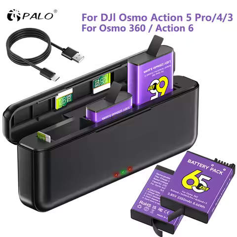 2250mAh For DJI Osmo Action 6/5 Pro Battery + 3-Slot Charger For DJI Osmo Action 5 Pro 4 3 Osmo 360 