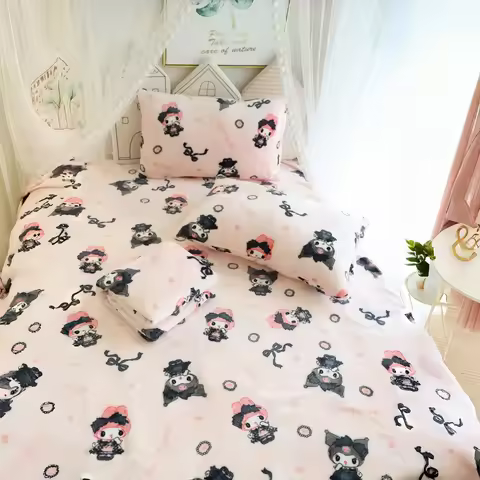 Lolita My Melody Kuromi Blanket Cartoon Pattern Printing Warm Blanket Pillowcase Singe Size Flannel 