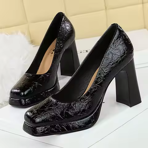BIGTREE Fashion Platform Square Toe Super Chunky Heels Patent Leather Shoes Zapatillas De Mujer