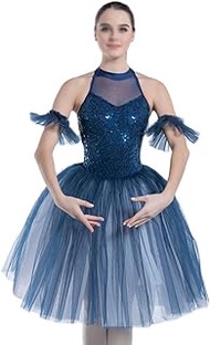 XYLFF Navy Blue Sequin Lace Top Bodice Halter Neck Romantic Ballet Tutu Women Stage Performance Ballerina Dance Tutu (Color : Navy Blue, Size : LA code)