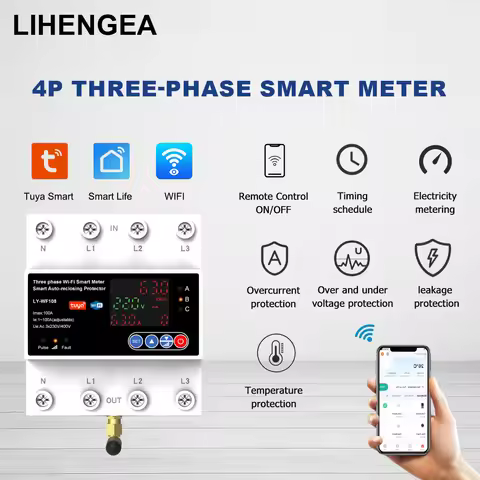 Tuya WiFi 4P 100A Three-Phase Smart Meter Timer Breaker with Auto-Reclosing, Voltage Protection for 