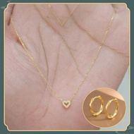 【COD】Original 18k Saudi gold 99.99% Zircon heart O-shaped necklace hoop earring set 18''