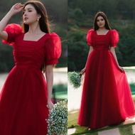 D27 (free dress adjustment) evening dress with puffed sleeves and flared dress, black evening gown, 