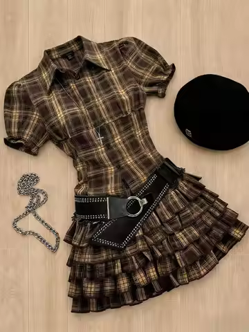 Preppy Style Pleated Mini Dress Women's Jirai Kei Vintage Style Punk Slim Fit Sashes Plaid Female Su