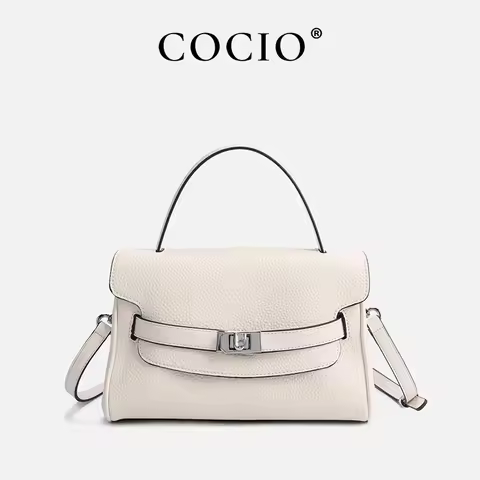 COCIO Off-White Silver Lock Top Handle Bag, Elegant Flap Crossbody Shoulder Bag Lightweight Daily Co