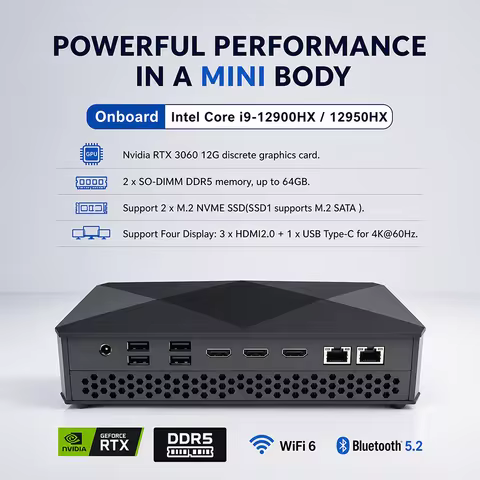 VX1-12900HX Mini Computer Core i9-12900H 14C 20T RTX3060 12GB GPU 2xM.2 NVMe 4xHDMI 2.5GbE LAN Windo