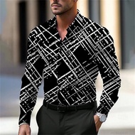 Men's trendy geometric print long-sleeved shirt, single-breasted design, stylish streetwear look, av