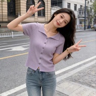 Korean Style Purple Lapel Short-Sleeved Sweater Women Summer Thin Style Gentle All-Match Slimmer Loo
