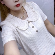 เสื้อผู้หญิงคอเสื้อตุ๊กตาย้อนยุคหวานเสื้อแขนสั้น