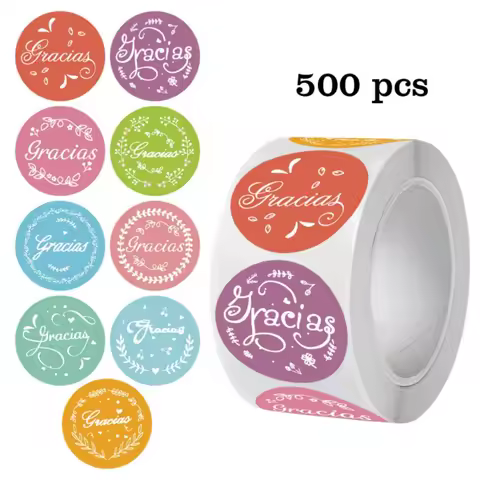 500pcs/Roll Macaron Color Spanish Thank You Stickers 9 Pattern Baking Packaging Graffiti Thank You S