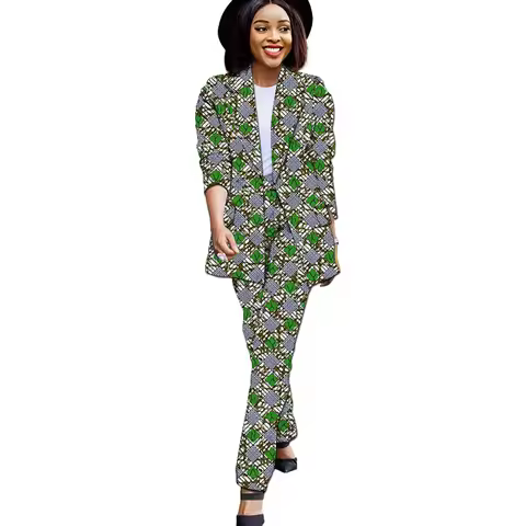 African Couture 3/4 Sleeve Suits For Women Extended Windbreak Long Blazers With Straight Pants Ankar