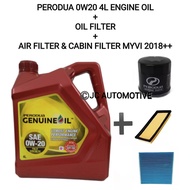 Perodua Fully Synthetic 4L 0W-20 Engine Oil 0W20 4L + Perodua Oil Filter + Perodua Air filter + Cabin Filter
