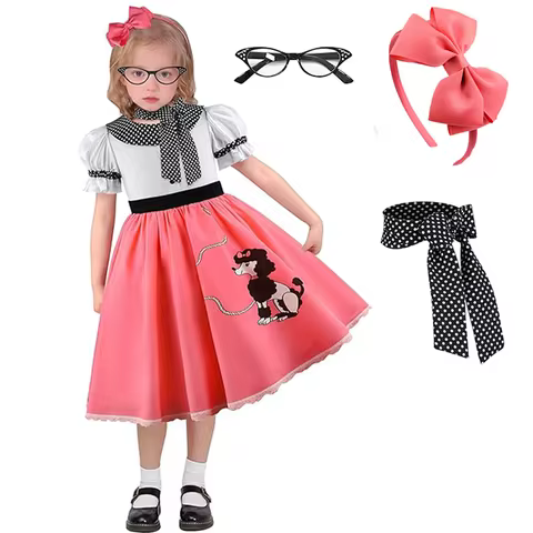 1950s Vintage Poodle Dress For Kids Girls 50s Costume With With Headband, Glasses, Scarf Halloween B