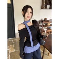 áo thun tay dài áo thun ôm body nữ Hàn Quốc trơn basic Y2k Nơ trễ vai tay dài Ballet Style