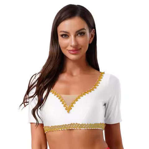 Belly Dance Performance Crop Top Women Stylish Sequins Trim Mini Tops for Indian Arab Traditional Da