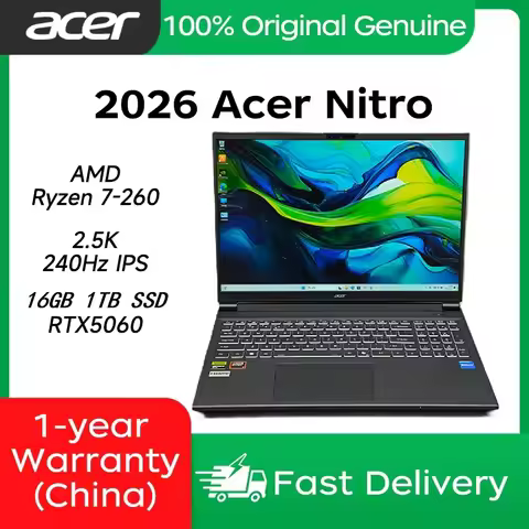 2026 Acer Nitro Gaming Laptop 16 Inch 2.5K 240Hz IPS Screen Notebook AMD Ryzen R7-260H 16GB 1TB RTX5