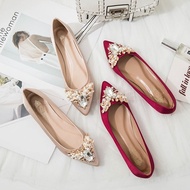 Size 33-46 Wedding Shoes Women Bridal Shoes Satin Pearl Rhinestone Pointed Toe Flats Shoes Bridesmai