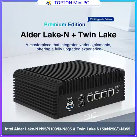 Topton Firewall Mini Computer Intel Core 3 N355 N305 N150 N95 4x2.5G LAN Type-C 2*NVMe+SATA 5xUSB Fa