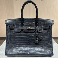 HERMES爱马仕 Birkin 35 雾面銀扣鳄鱼皮 铂金包手提包 石墨灰