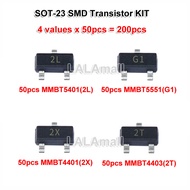 200pcs SOT-23 SMD Transistor KIT 4kinds each 50pcs MMBT5401 2L MMBT5551 G1 MMBT4401 2X MMBT4403 2T S