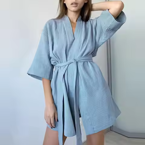 Cotton Robe Women's Nightwear Mini Bathrobes Lace Up Sleepwear Muslin Women Home Clothes Solid Color