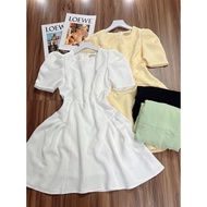 H09 Dress with round neck, puffed sleeves, stylized pleated waist