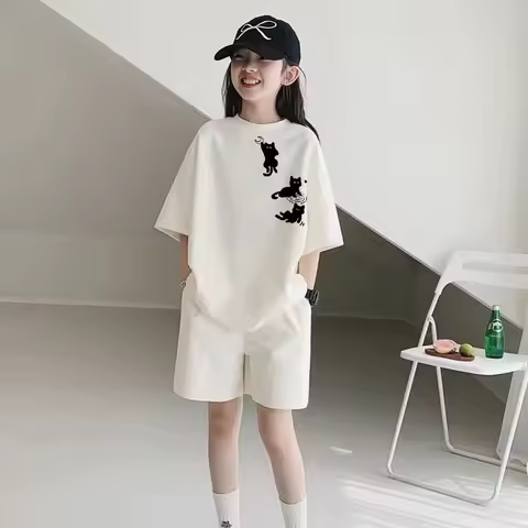 2025 SUMMER children set Girls Clothes sport tracksuit teenager cat print T-shirt + shorts hot pant 