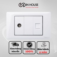 Tenko wall-mounted coaxial cable and lan network socket with rectangular face, white plastic, silver