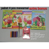 Coloring Book While Getting to Know Fruits and Sayurs, 4 Pre-Pencil Books, 1 Pencil 2B