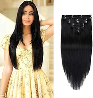 Real Clip in Hair Extensions Black 8 Pieces - Premium Womens Straight Double Weft Thick Remy Hair Ex