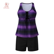 fulaide- Two-piece Swimwear 2pcs Women Swimsuit Set Sexy Drawstring Flowy Hem Top Split Swim Trunks 
