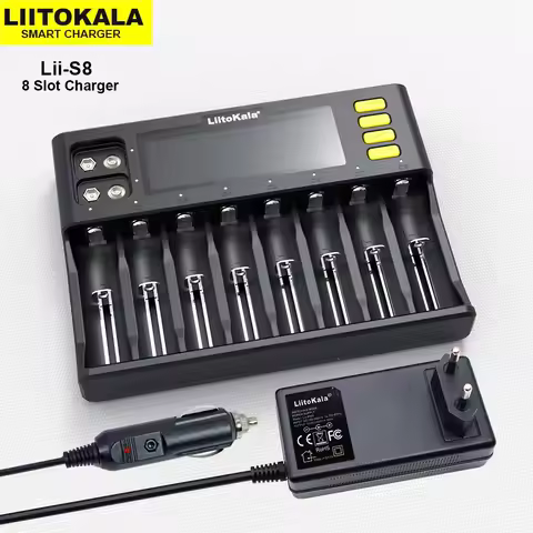 LiitoKala Lii-S8 Smart Charger 8-Slot + 2x9V for Li-ion/Ni-MH/AA/AAA - Auto Current LCD Display CE C