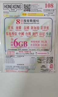 6GB 4G 8日 數據上網卡 日本 南韓 泰國 新加坡 菲律賓 馬來西亞 香港中國 台灣 澳門