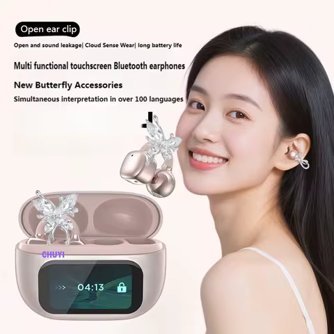 Butterfly Earrings Bluetooth 5.4 Headphone AI Translator Long Battery Life Touch screen Clip on Jewe