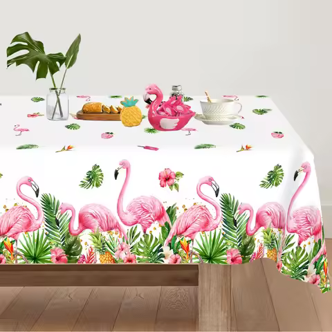 Hawaiian Flamingo Flower Table Cover Aloha Summer Tropical leaves Plastic Tablecloth Happy Birthday 