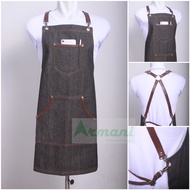 Apron Celemek Masak Barista Barbershop Epron Clemek Bahan Jeans Tali Kulit