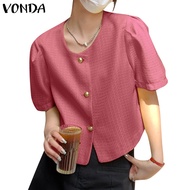 Vonda Women Korean Casual Crew-Neck Short Sleeved Front Button Small Fragrance Blazer