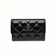 CHANEL 黑色漆皮20開銀扣CF折疊零錢包