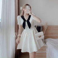 Đầm nữ thời trang mặc đi chơi Đầm xốp nhật tay ngắn cổ V phối nơ váy xếp li bánh bèo