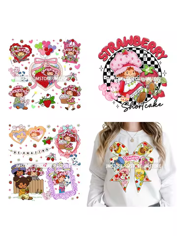 Sweet Strawberry Friends 80s Girl Cartoon Pink Coquette Bows Iron on DTF Washable Transfers Stickers