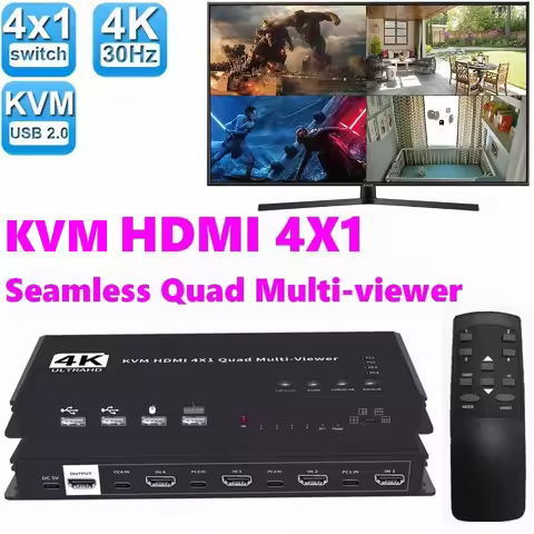 KVM HDMI Multiviewer Switch 4K HDMI KVM 4 In 1 Out Video Cutting 4X1 Seamless Quad Multi-viewer KVM 