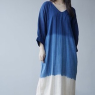 【棉麻手工藍染】 超寬鬆V領/大袖四色連衣裙