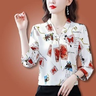 Ready Stock 8822-Printed Shirt Retro Hong Kong Style Top All-Match Small Shirt Loose Cover Belly B14
