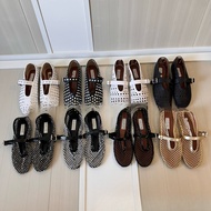 Alaia 2024 Genuine Leather Round Toe Rhinestone Rivet Shoes Female Ballet Flat Shoes