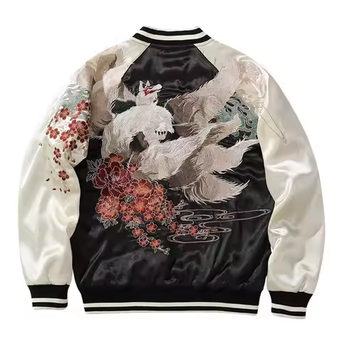 New Men Boys High Street Sukajan Souvenir Jacket Nine Tailed Fox Peony Embroidered Pilot Bomber Lett