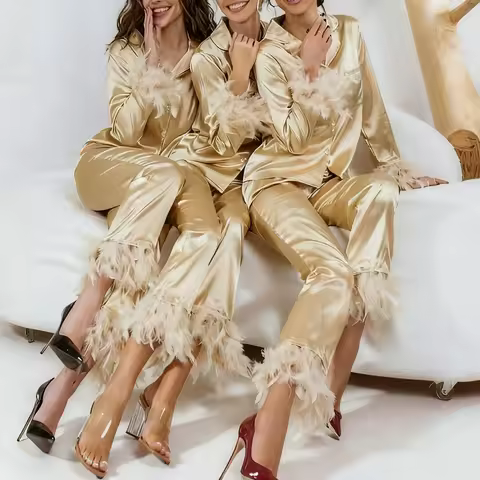 Women's Silk Satin Pajamas Set Feather Trim Cuff 2 Piece Loungewear Long Sleeve Button Down Shirt Pa