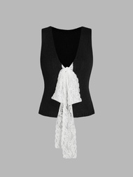 Cider Contrasting Lace Knotted Knit Vest