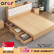 OROR【SG⭐SALES】Leather And Solid Wood Bed Frame Storage Solid Wooden Bed Frame Bed Frame With Mattress Queen and King Size