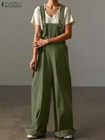 ZANZEA 2025 Summer Chic Overalls Fashion Solid Color Sleeveless Rompers Korean Bandage Wide Leg Jump