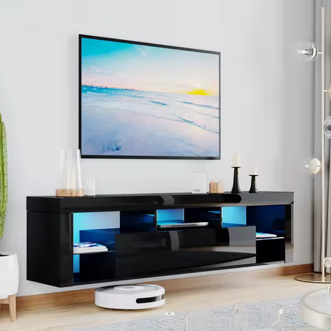 63" Floating TV Stand for 60" TV, LED TV Cabinet w/Power Outlets, Storage and Shelf, Modern High Glo